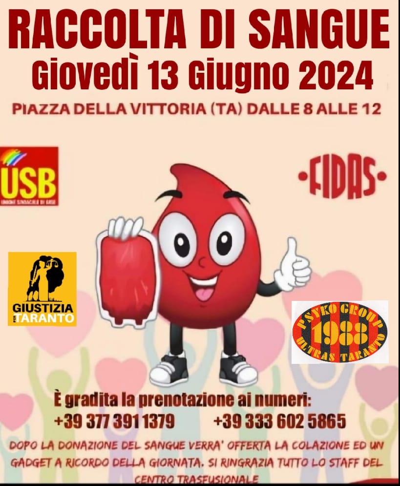 USB Taranto: raccolta sangue il 13 giugno